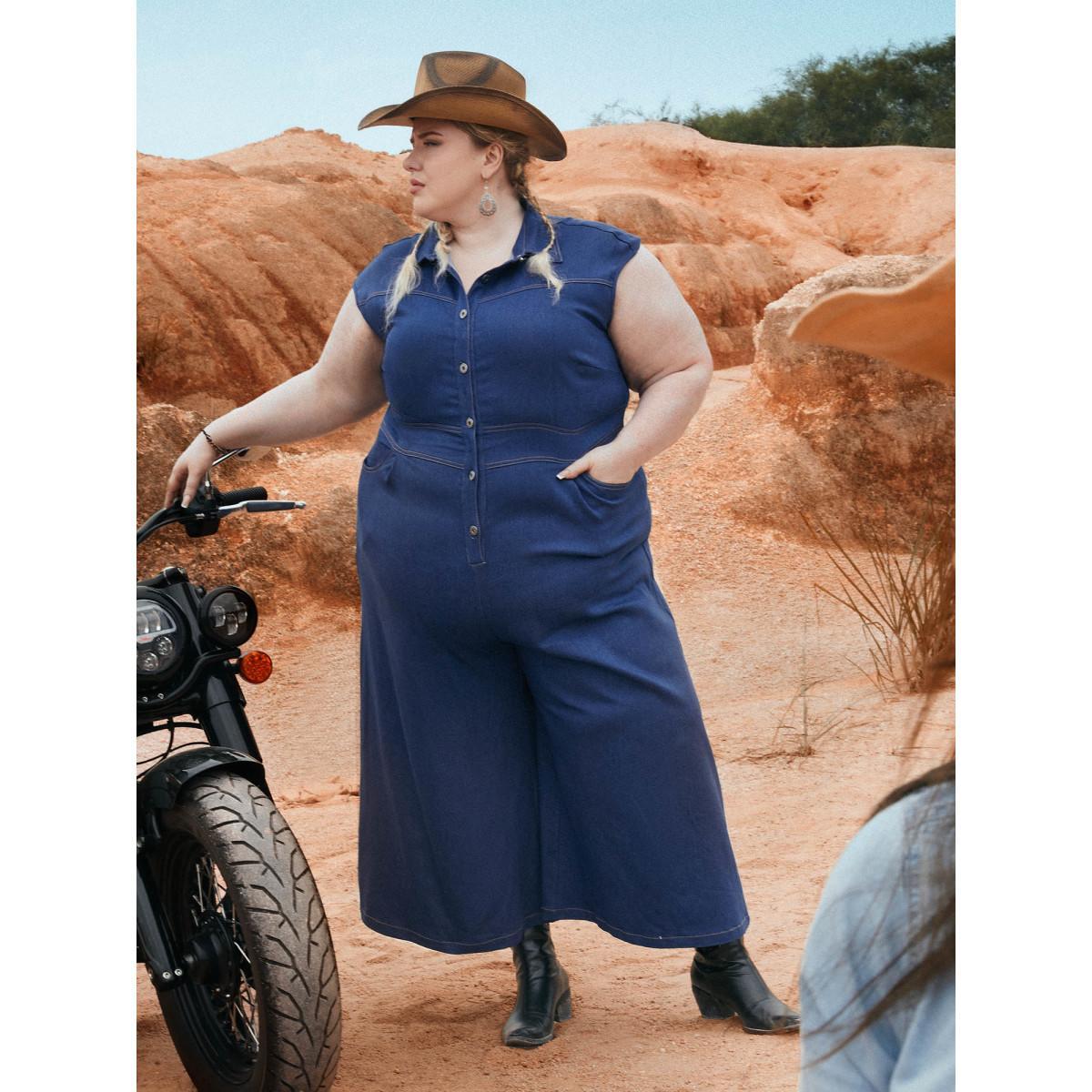 Plus Size Stretch Denim Seamed Flare Jumpsuit Midblue Women Button Medium stretch Vacation Patch pocket Resort Denim Jumpsuits BloomChic 28/5X Product Image