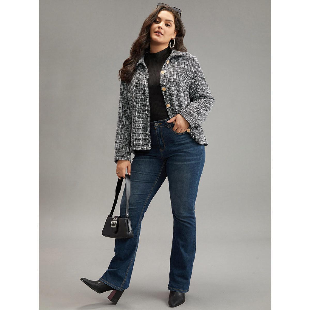 Plus Size Gingham Texture Lapel Collar Metal Detail Jacket Women Black Elegant Texture Ladies Everyday Winter Coats BloomChic 30/6X Product Image