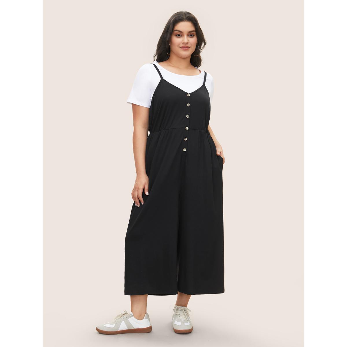Plus Size Black Solid Button Detail Gathered Jumpsuit Women Casual Sleeveless Non Everyday Loose Jumpsuits BloomChic 18-20/2X Product Image