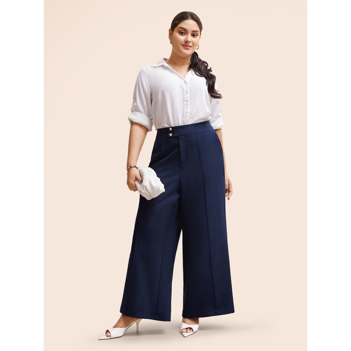 Plus Size Stretch Woven Metal Buckle Wide Leg Pants Women Indigo At the Office Wide Leg Mid Rise Work Pants BloomChic 30/6X Product Image