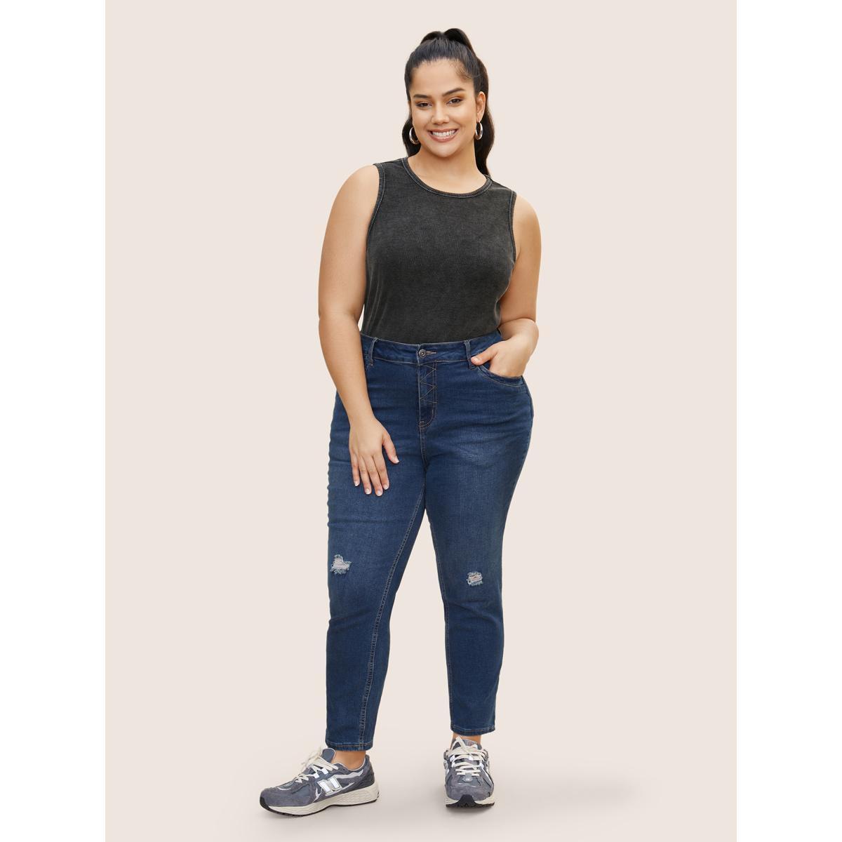 Plus Size Vintage Round Neck Pit Strip Tank Top Women Black Casual Texture Round Neck Everyday Tank Tops Camis BloomChic 30/6X Product Image