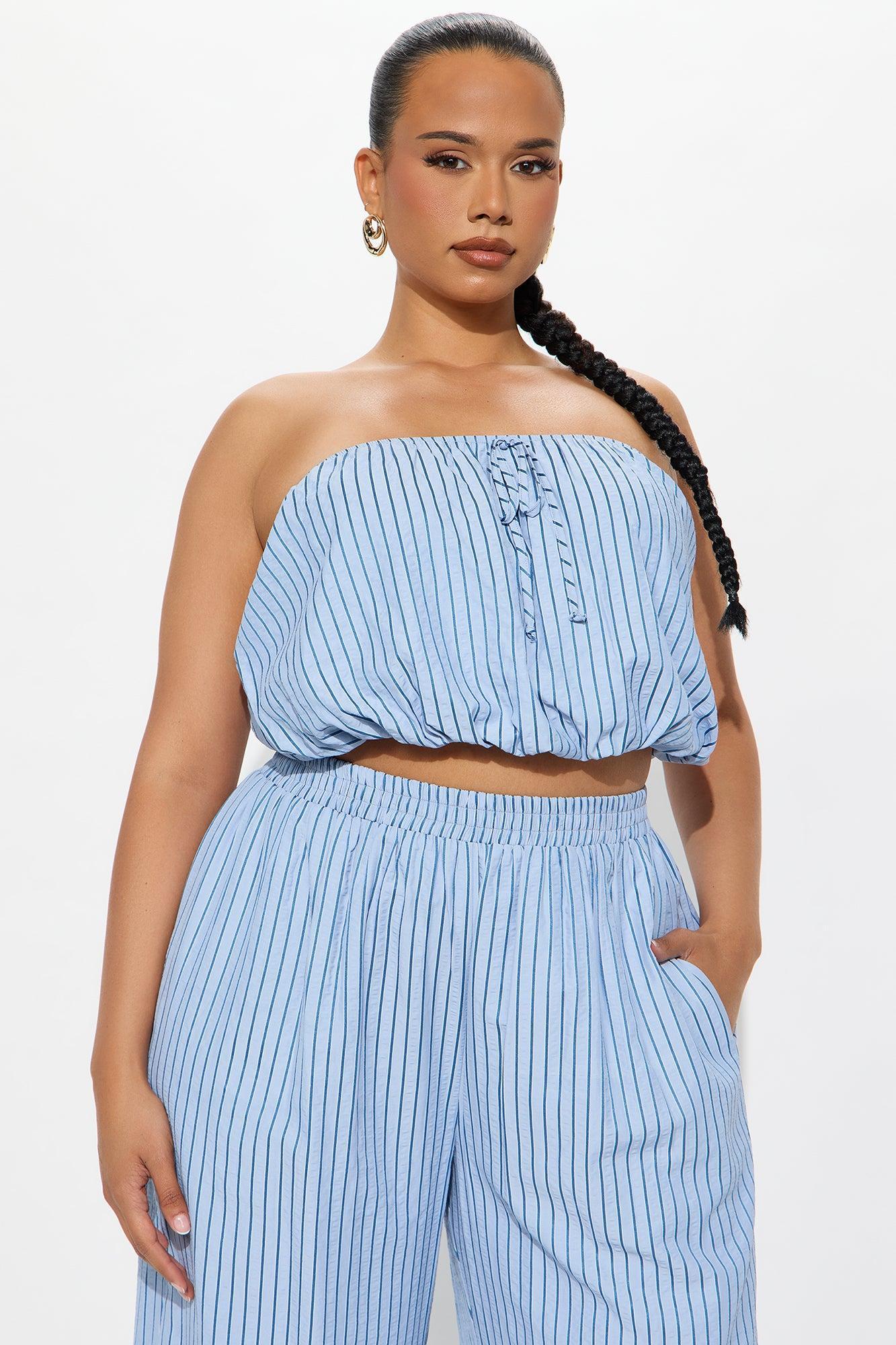 Gracie Pinstripe Pant Set - Light Blue Product Image