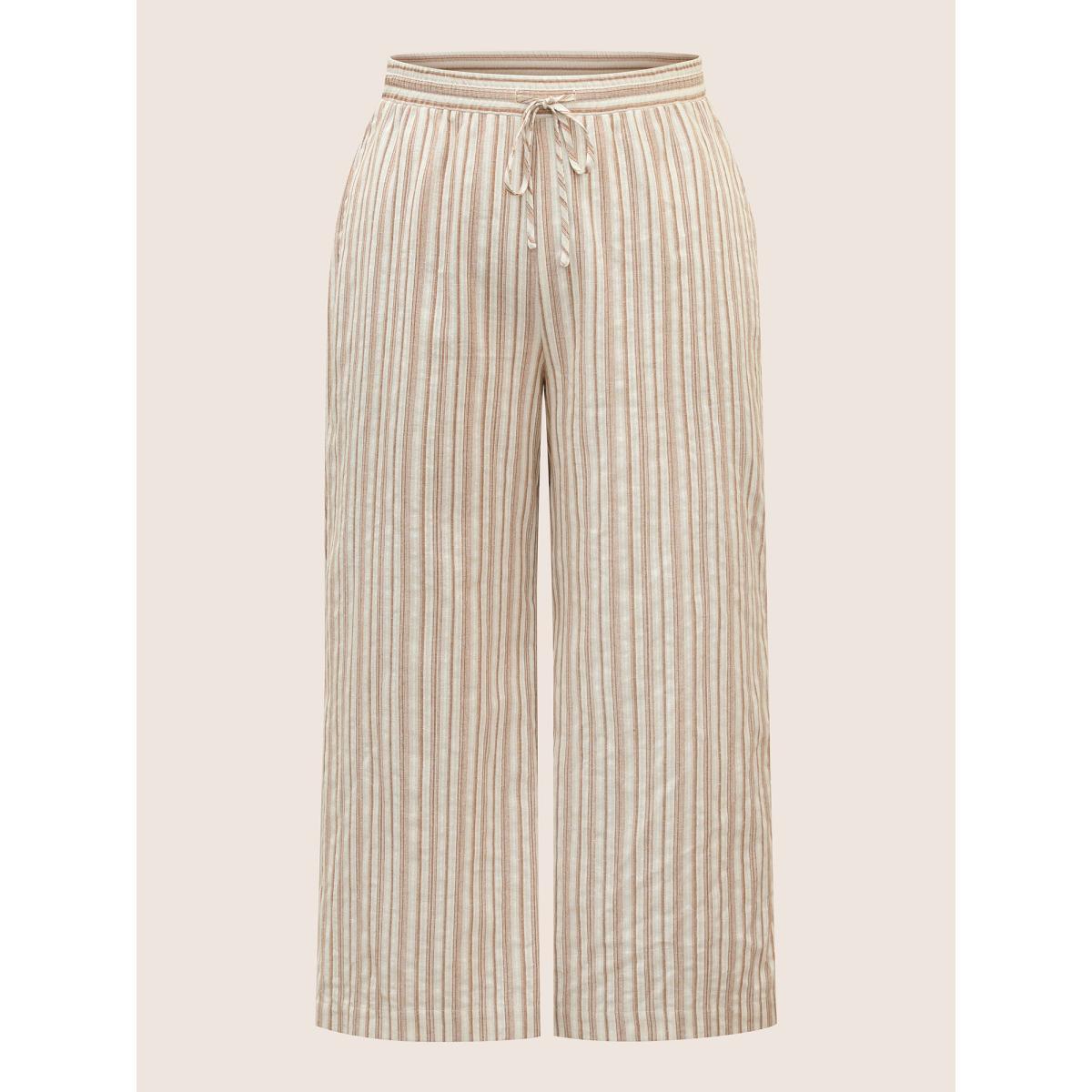 Plus Size Striped Drawstring Mid Rise Wide Leg Pants Women Tan Resort Wide Leg Mid Rise Vacation Pants BloomChic 22-24/3X Product Image