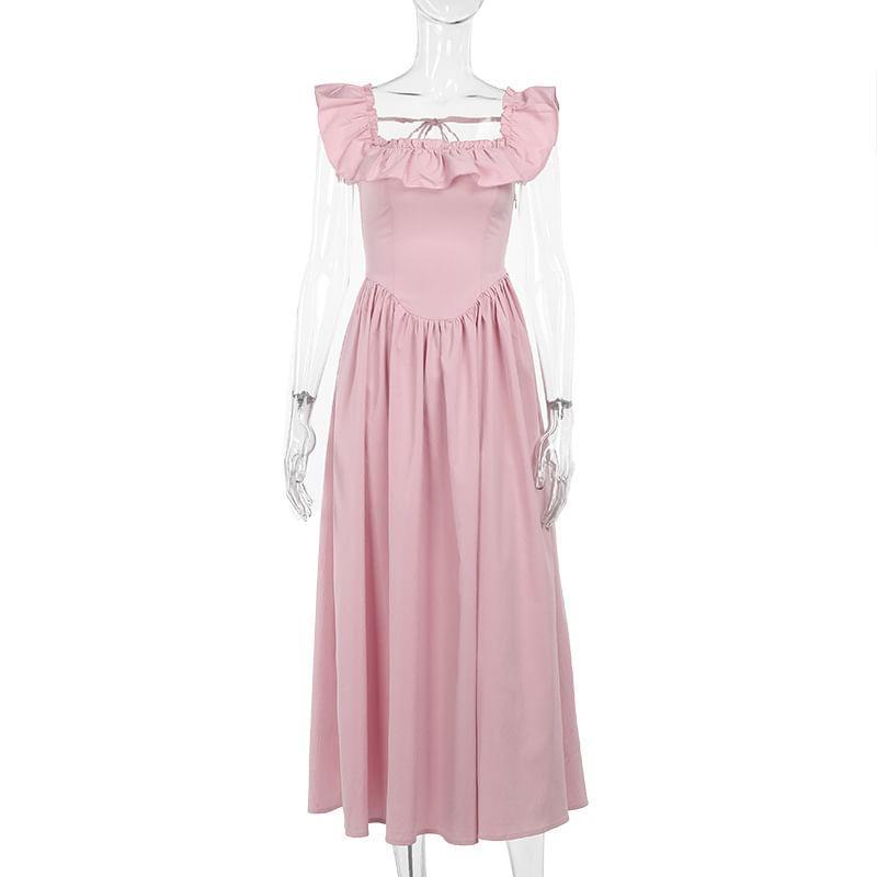 Cap-Sleeve Square Neck Plain Maxi A-Line Dress Product Image