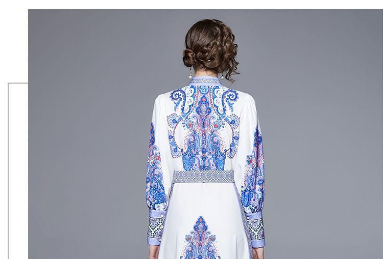 Long Sleeve Stand Collar Patterned Print Belted Button Midi A-Line Dress Product Image