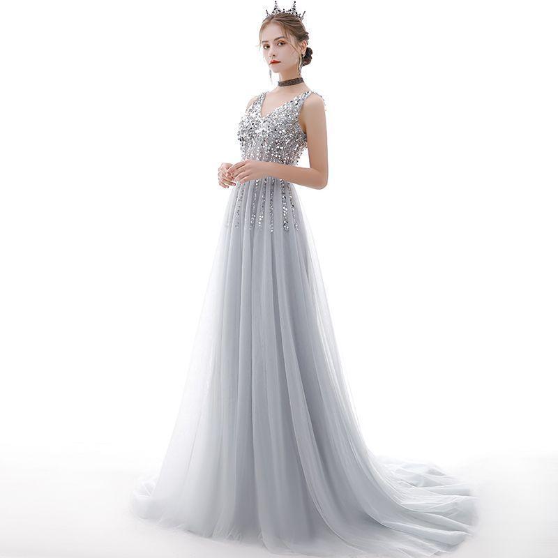 V-Neck Sleeveless Sequined Panel Mesh Evening Gown Product Image