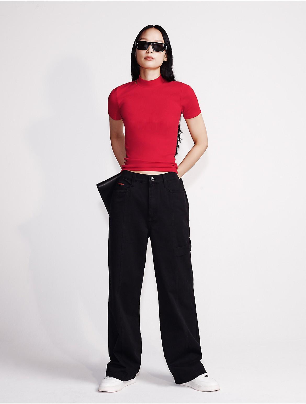 Calvin Klein Women's Wide Leg Cargo Pants - Black - 4 Product Image