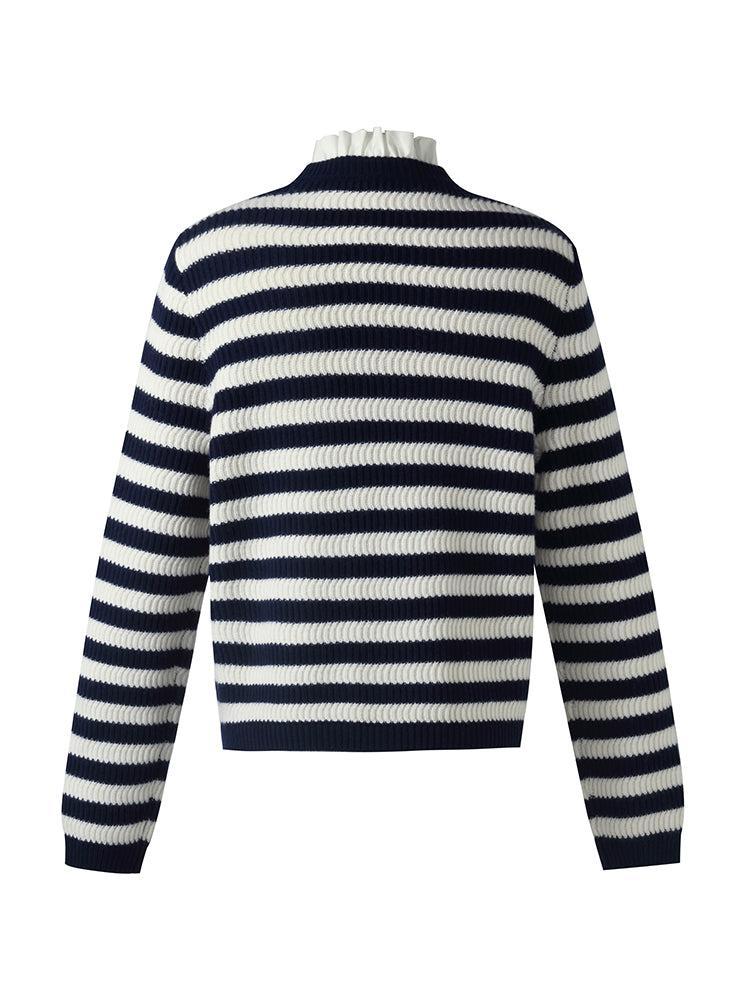 Blue And White Stripe Women Cardigan With Detachable Ruffle Collar Product Image