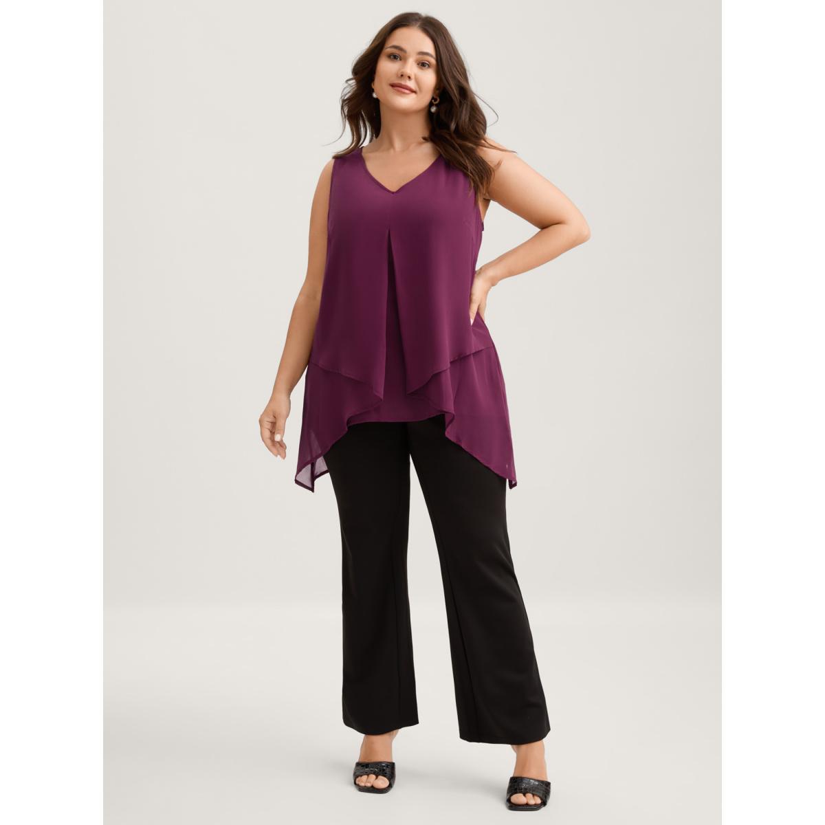 Plus Size Chiffon Overlap Hem V-Neck Tank Top Women Plum V-neck Everyday-Elegant Tank Tops Camis BloomChic 28/5X Product Image