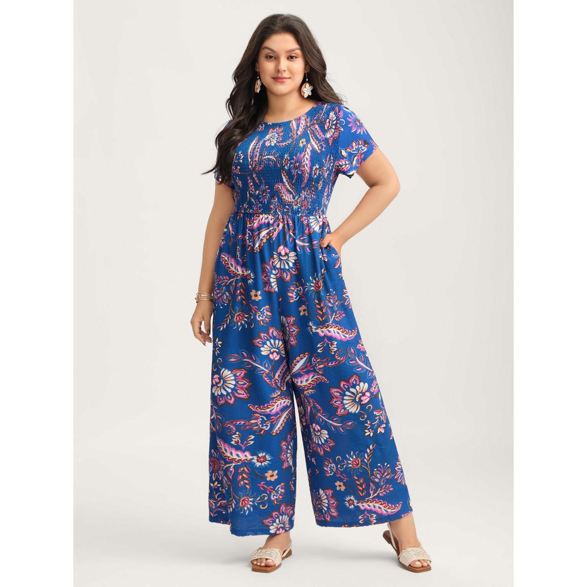 Plus Size DarkBlue Floral Shirred Bodice Pockets Jumpsuit Women Cap Sleeve Round Neck Vacation Loose Jumpsuits BloomChic 14-16/1X Product Image