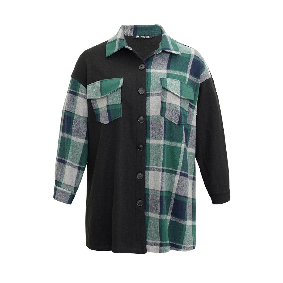 Plus Size Plaid Contrast Patchwork Pocket Button Up Shacket Women Green Contrast Pocket Dailywear Jackets BloomChic 28/5X Product Image