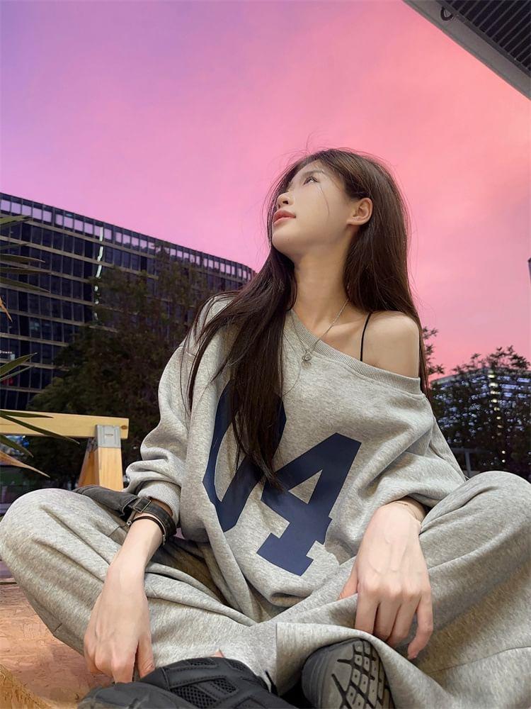Off Shoulder Numbering Pullover / High Waist Wide Leg Sweatpants Product Image