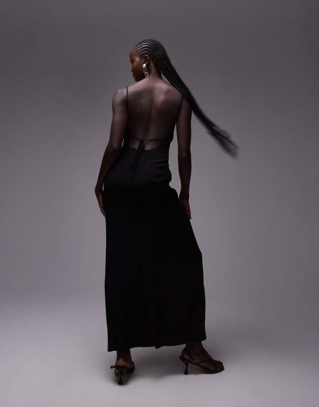 Topshop ruched maxi slip dress in black Product Image