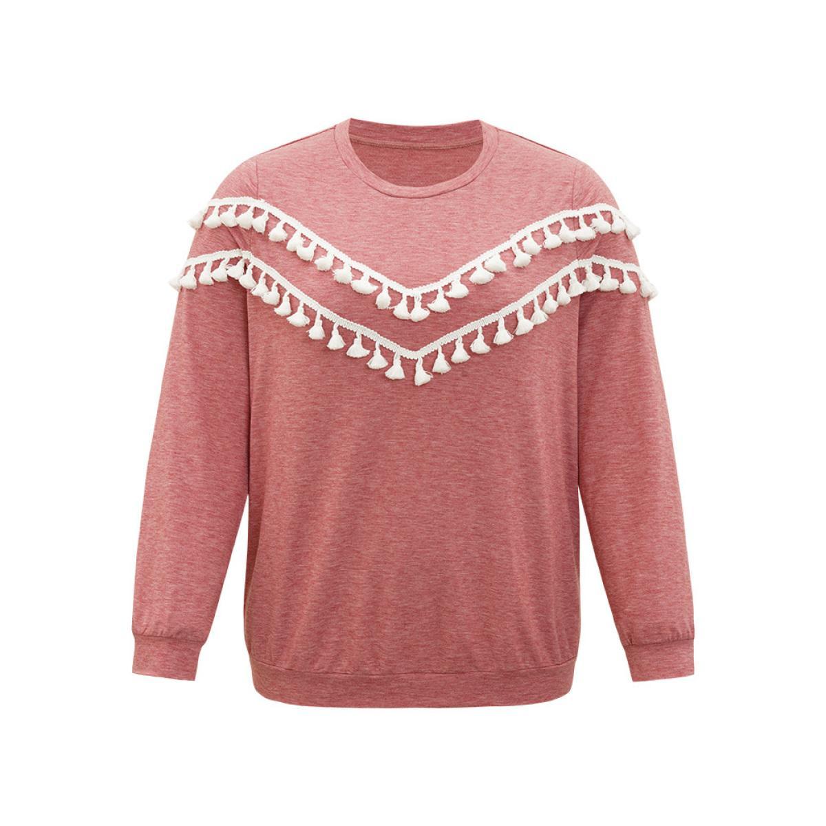 Plus Size plain Heather Crew Neck Tassel Trim Sweatshirt Women Russet Elegant Elastic cuffs Round Neck Dailywear Sweatshirts BloomChic 30/6X Product Image