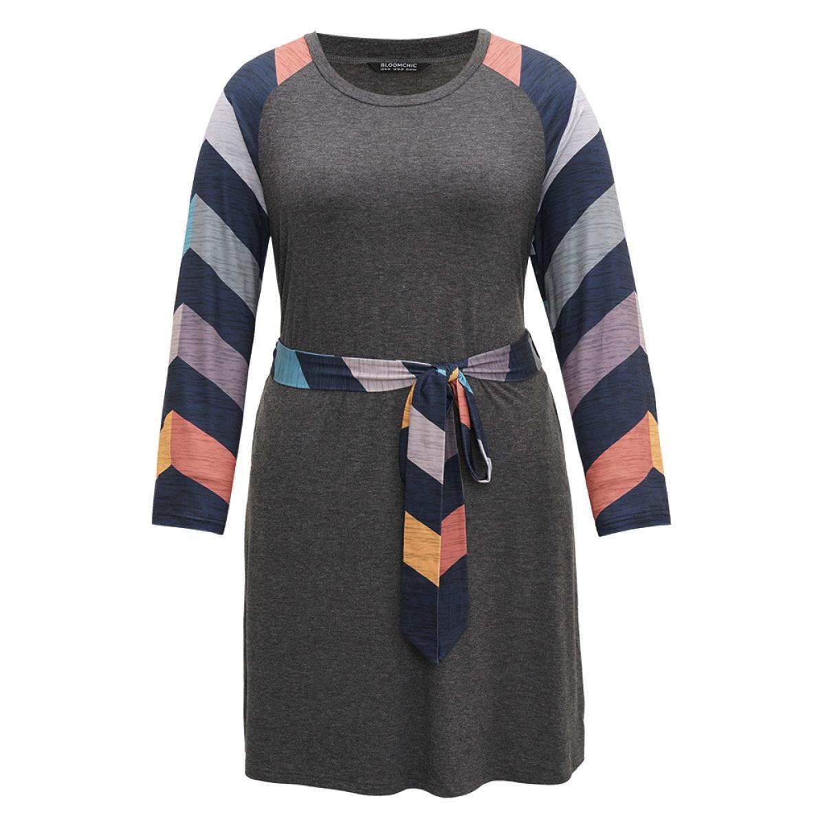 Plus Size Striped Pocket Raglan Sleeve Belted Dress DimGray Women Casual Belted Round Neck Long Sleeve Curvy Knee Dress BloomChic 10/M Product Image