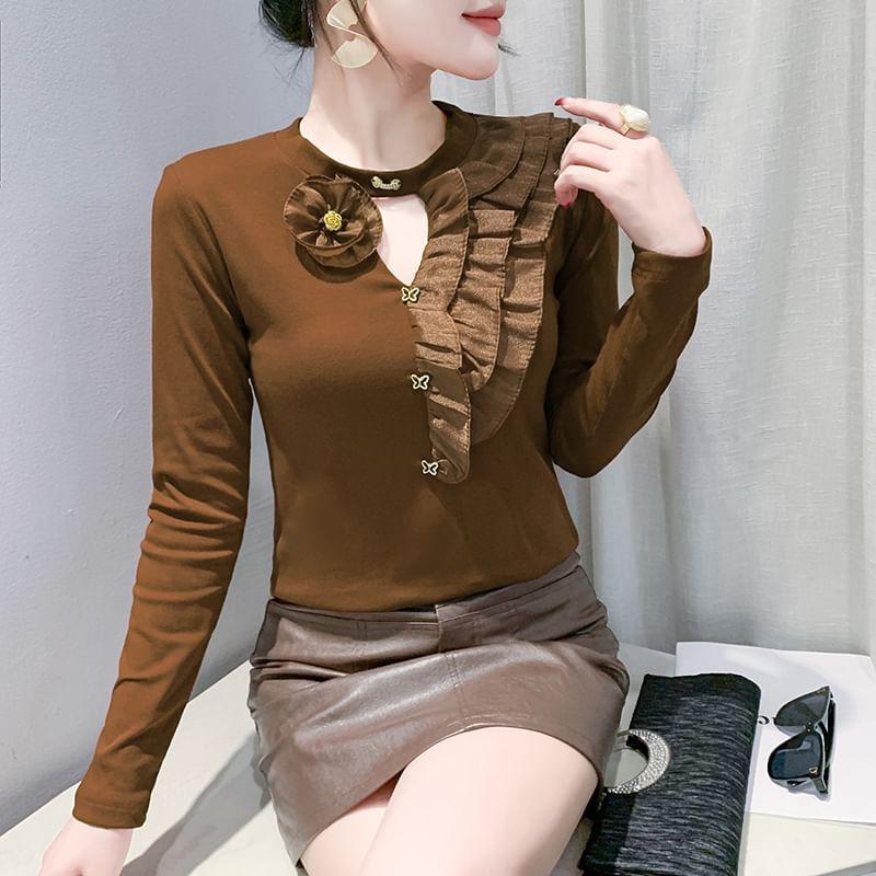 Long-Sleeve Round Neck Plain Floral Accent Frill Trim Cutout Slim Fit T-Shirt Product Image
