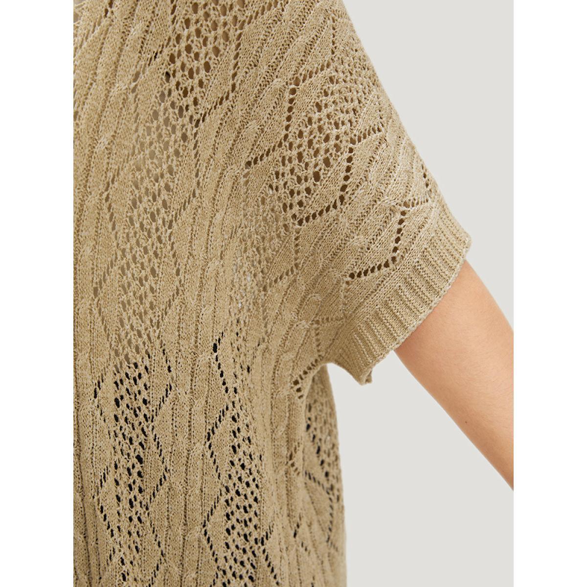 Plus Size Solid Fringe Trim Geometric Eyelet Batwing Sleeve Cardigan Tan Women Casual Loose Long Sleeve Dailywear Cardigans BloomChic 10/M Product Image