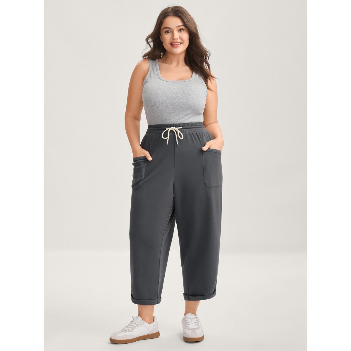 Plus Size Rolled Hem Drawstring Straight-Leg Pants Women Heather Casual Straight Leg Mid Rise Everyday-Casual Pants BloomChic 18-20/2X Product Image