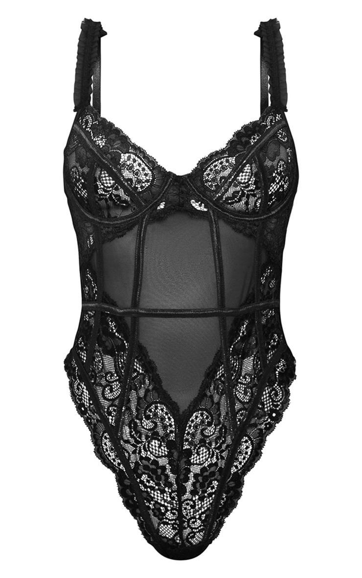 Black Mesh Frill Detail Panelling Lace Bodysuit Product Image