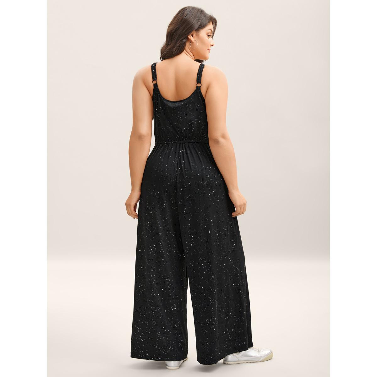 Plus Size Black Sequins Waist-Tie Wide-Leg Jumpsuit Women Sleeveless V-neck Everyday-Casual Loose Jumpsuits BloomChic 12/L Product Image