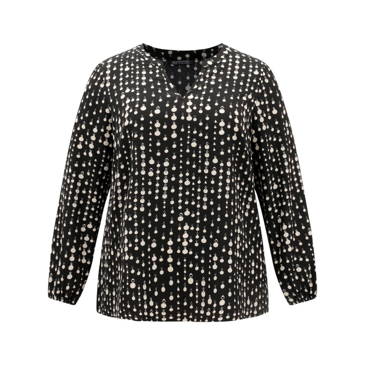 Plus Size Black Chain Print Notched Lantern Sleeve Blouse Women Office Long Sleeve Notched collar Vacation Blouses BloomChic 12/L Product Image