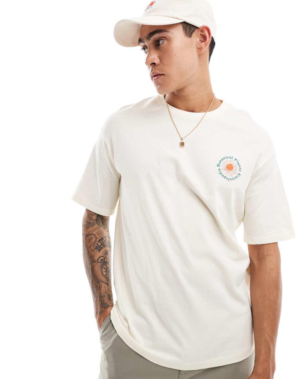Selected Homme oversized t-shirt with botanical circle backprint in cream Product Image