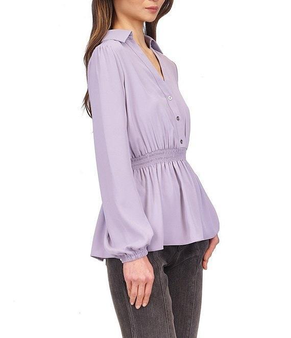 Michael Kors Crepe Long Sleeve Collared Button Front Peplum Shirt Product Image