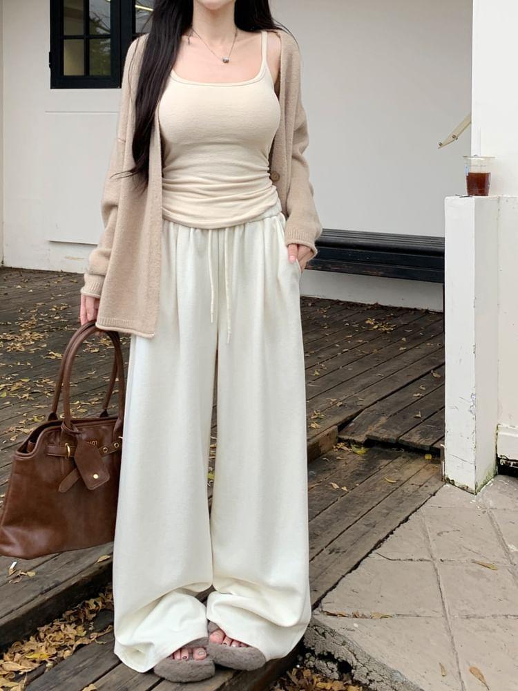 Drawstring Waist Plain Wide Leg Pants Product Image