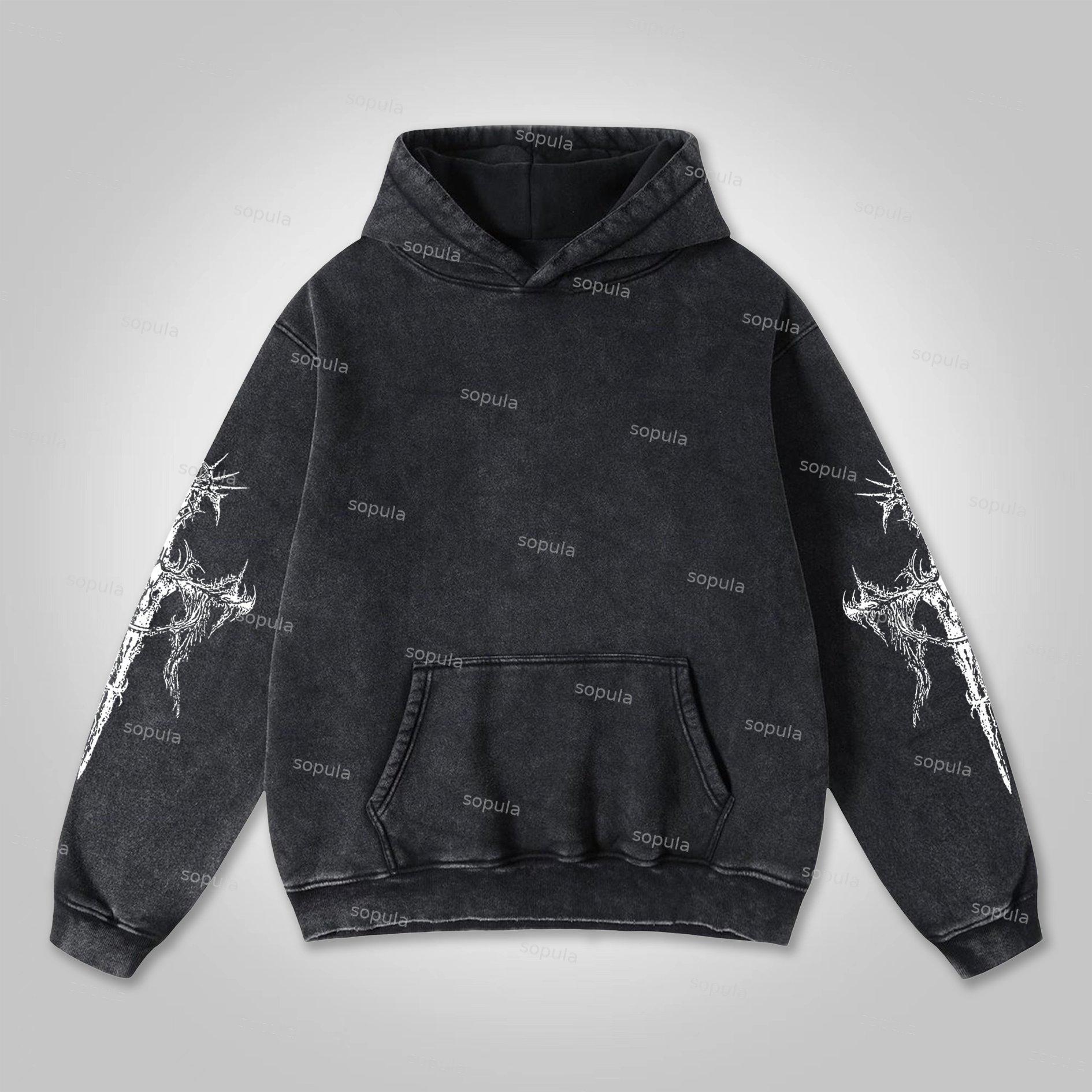 Sopula Vintage Angels Descend Cross Graphic Washed Distressed Pocket Hoodie Product Image