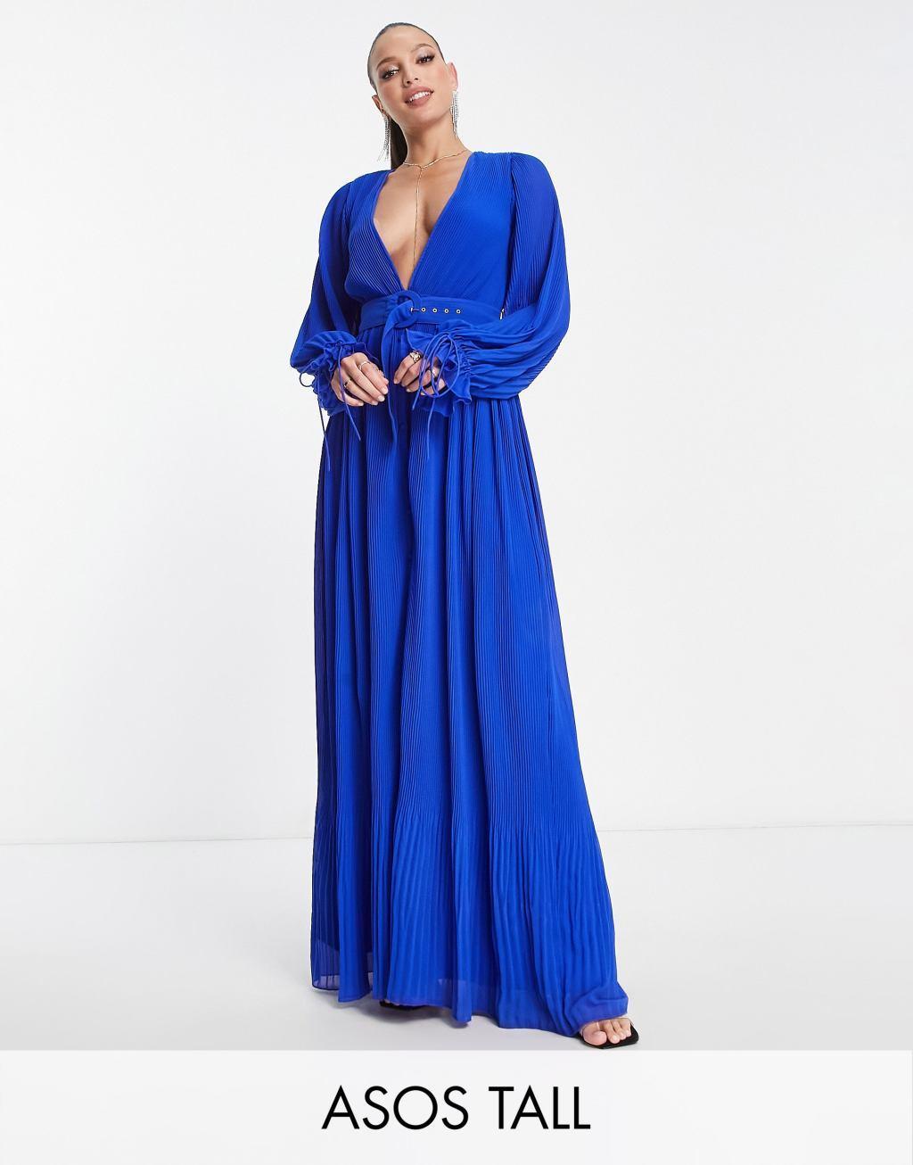 ASOS DESIGN Tall pleated blouson sleeve maxi dress with belt detail Product Image