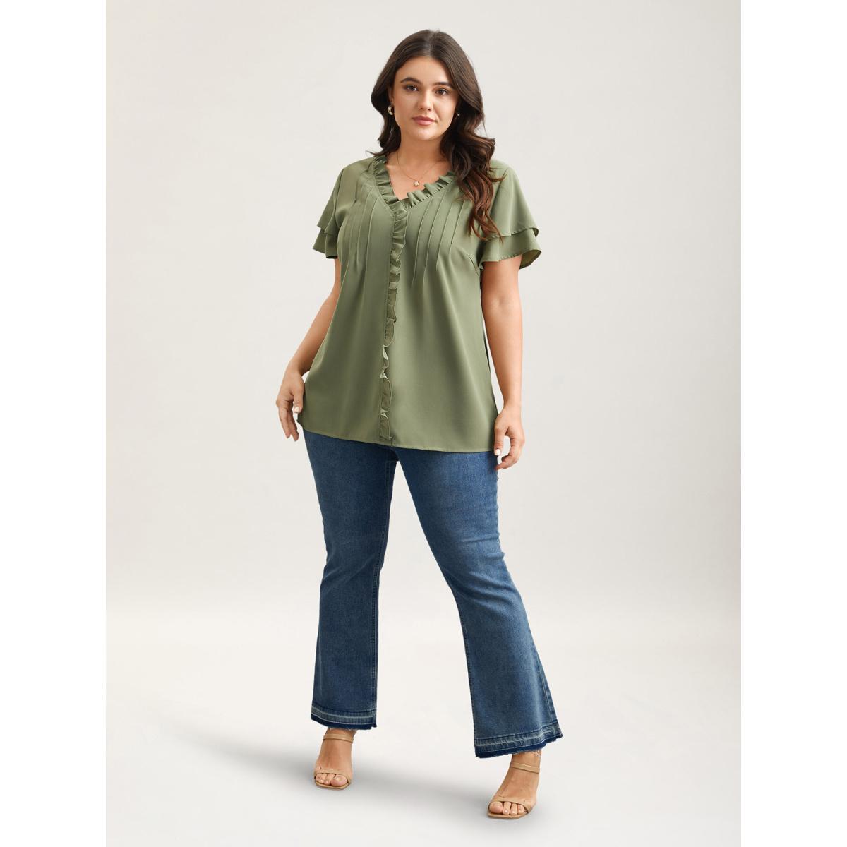 Plus Size Sage Ruffled Neck Toothpick Pleats Lotus Leaf Sleeve Shirt Women Elegant Short sleeve V-neck Everyday Blouses BloomChic 22-24/3X Product Image