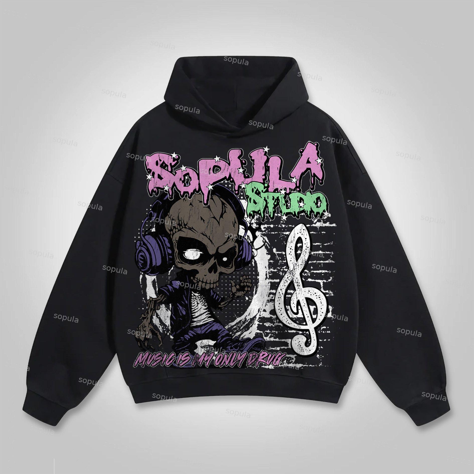 Sopula Music Is My Only Drug Graphic Cotton Hoodie Product Image