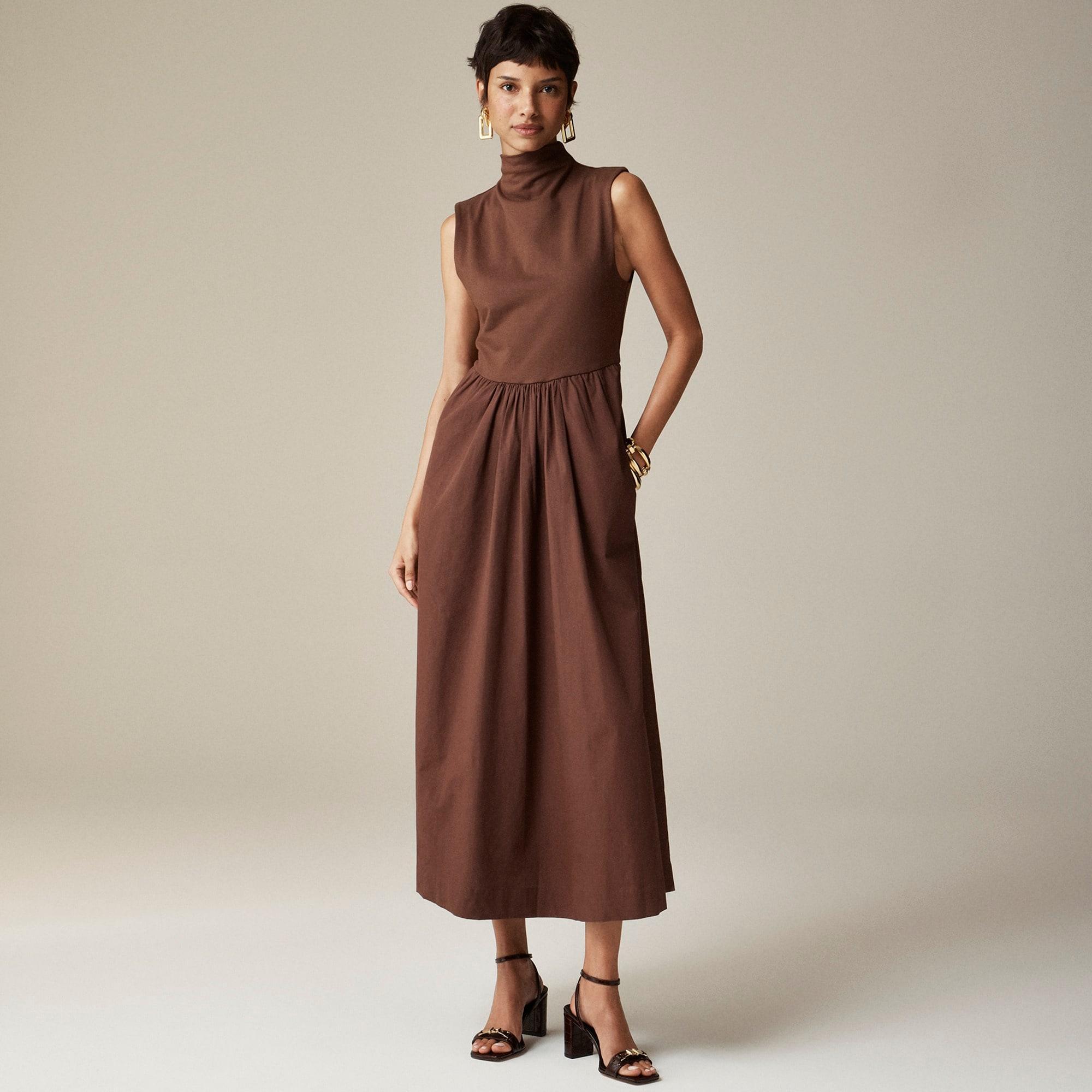 Fitted knit mockneck dress with poplin skirt Product Image