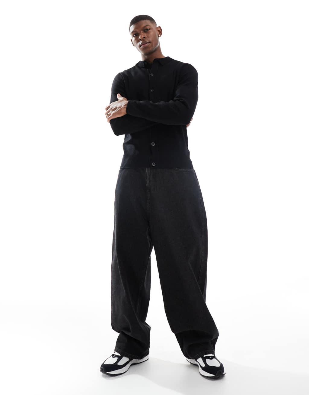 Threadbare knitted long sleeve shirt in black Product Image