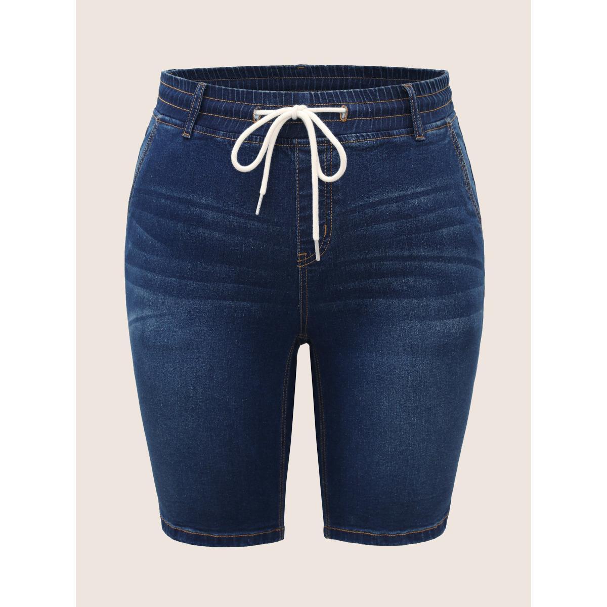 Plus Size Dark Wash Drawstring Slit Hem Denim Shorts Women Indigo Drawstring High stretch Everyday Slanted pocket Casual Denim Shorts BloomChic 30/6X Product Image