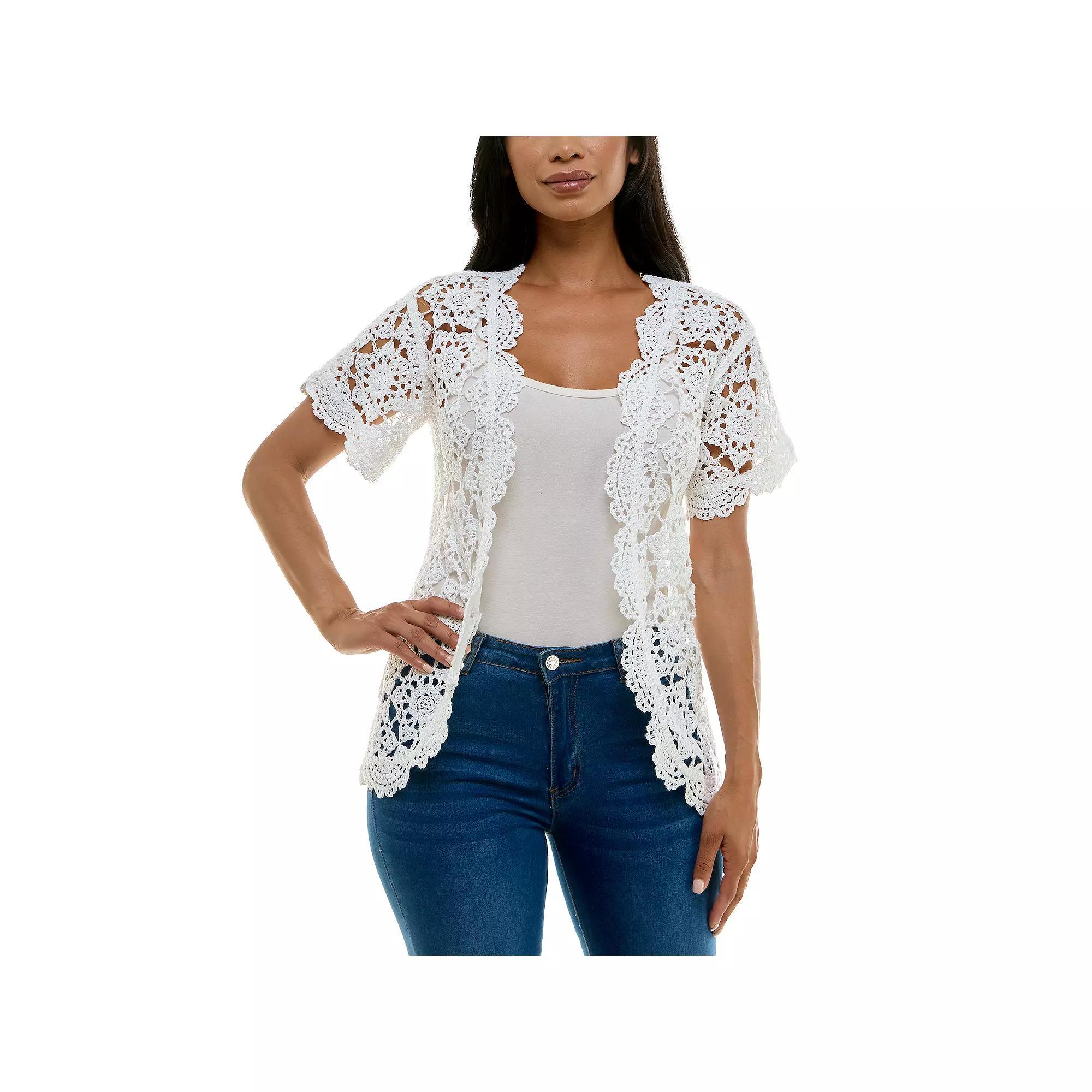 Women's Nina Leonard Short Sleeve Crochet Scalloped Cardigan, Size: XL, Ivory Product Image