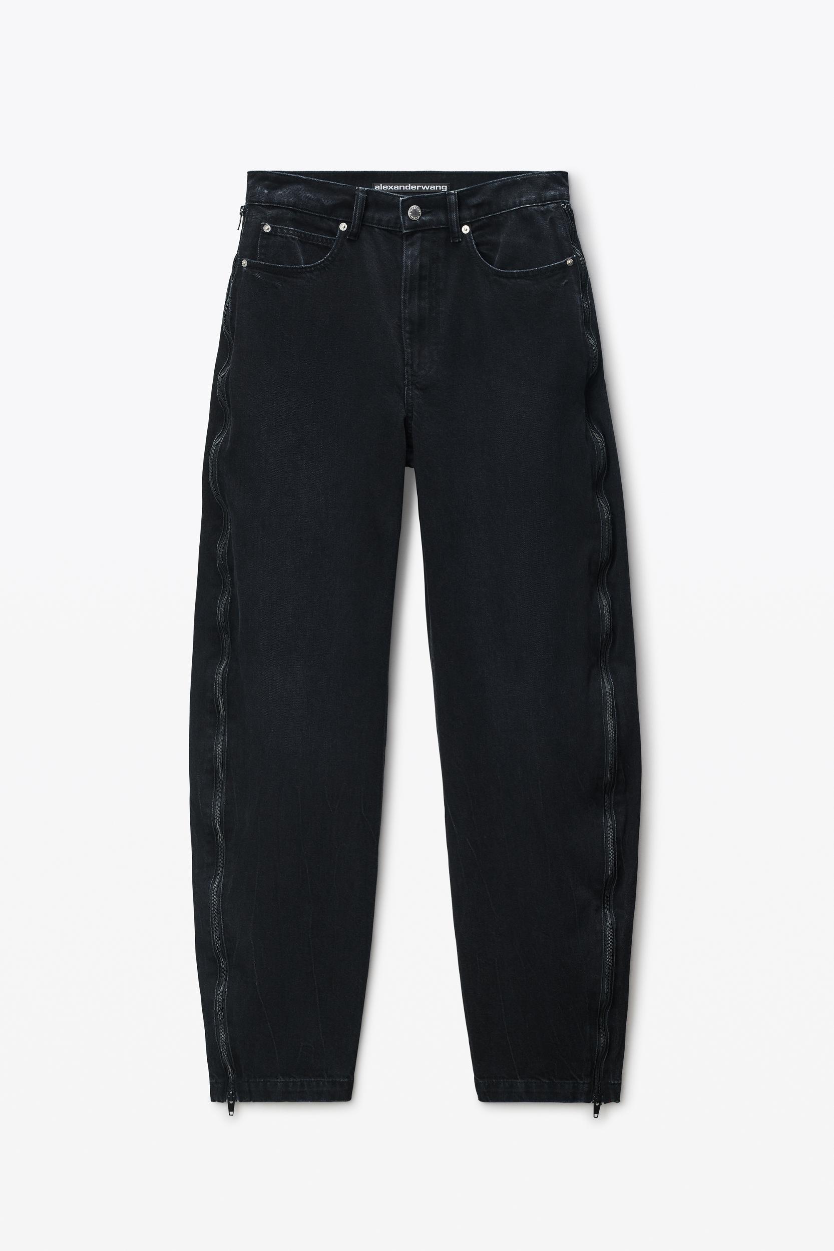 Black Denim And Mesh Zipper Pants - Regular Product Image