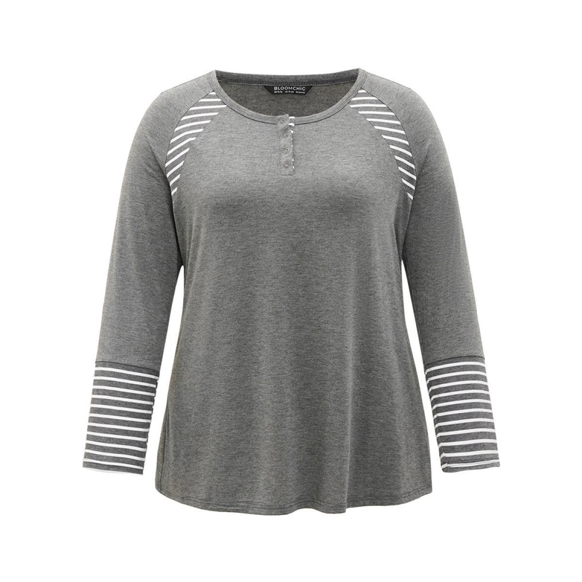 Plus Size Striped Patchwork Button Up Round Neck T-shirt DimGray Women Casual Contrast Striped Round Neck Dailywear T-shirts BloomChic 10/M Product Image
