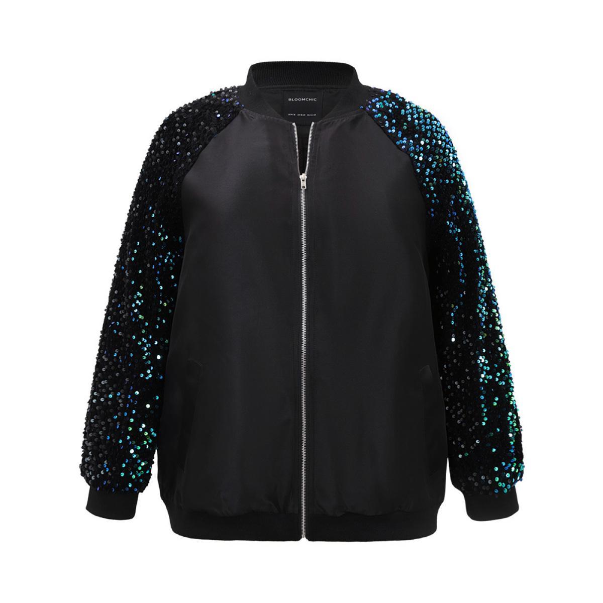 Plus Size Sequin Detail Patchwork Pocket Jacket Women Black Elastic cuffs Pocket Dailywear Jackets BloomChic 18-20/2X Product Image