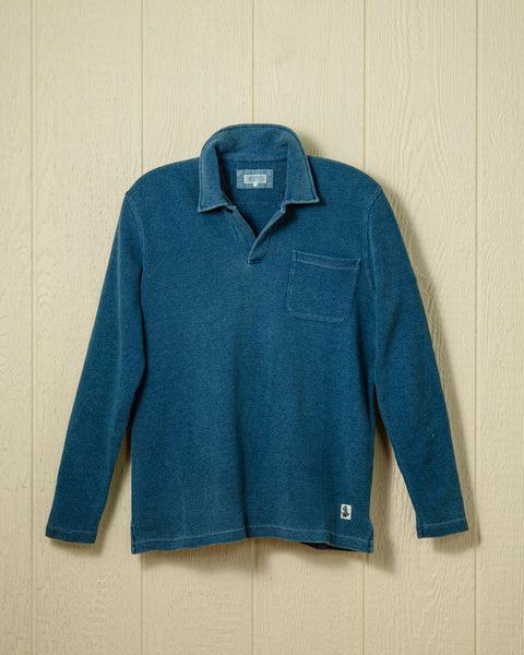 Long Sleeve Indigo Polo in Solid Waffle Knit Product Image