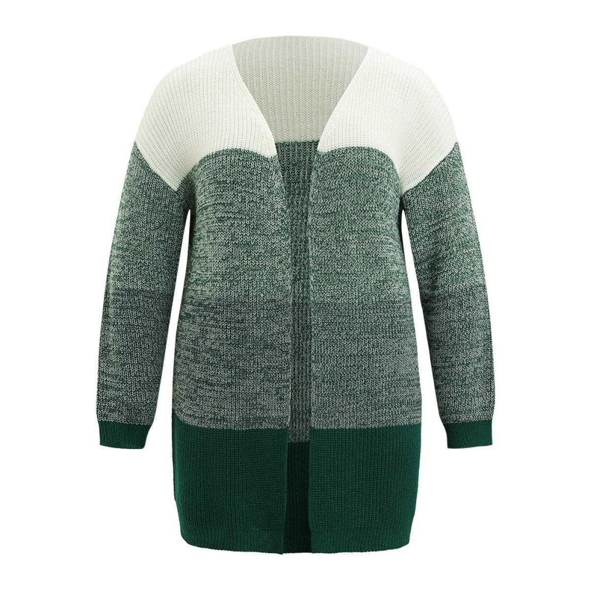 Plus Size Colorblock Drop Shoulder Patchwork Cardigan Green Women Casual Loose Long Sleeve Dailywear Cardigans BloomChic 10/M Product Image