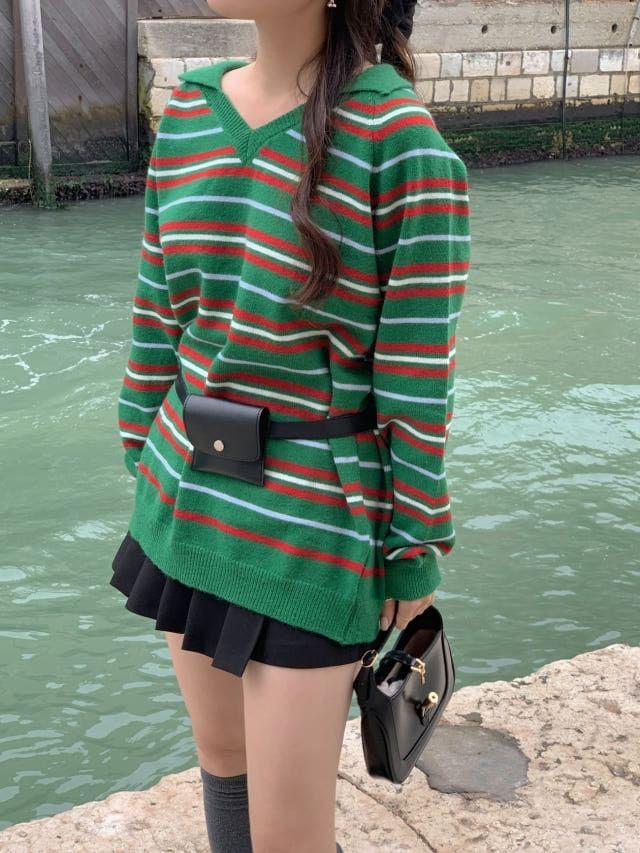 V-Neck Collared Striped Sweater Product Image