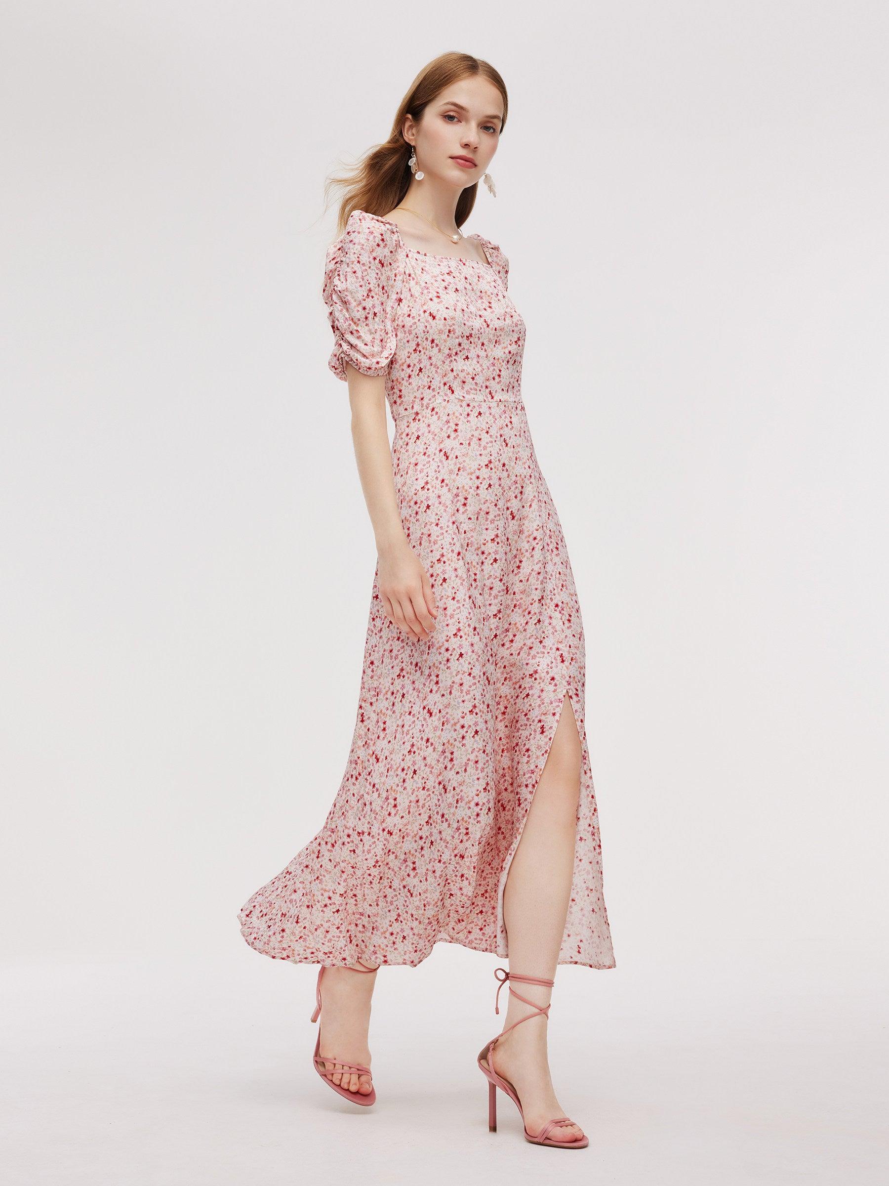 Floral Print Side Slit Women Ruched Sleeve Maxi Dress Product Image