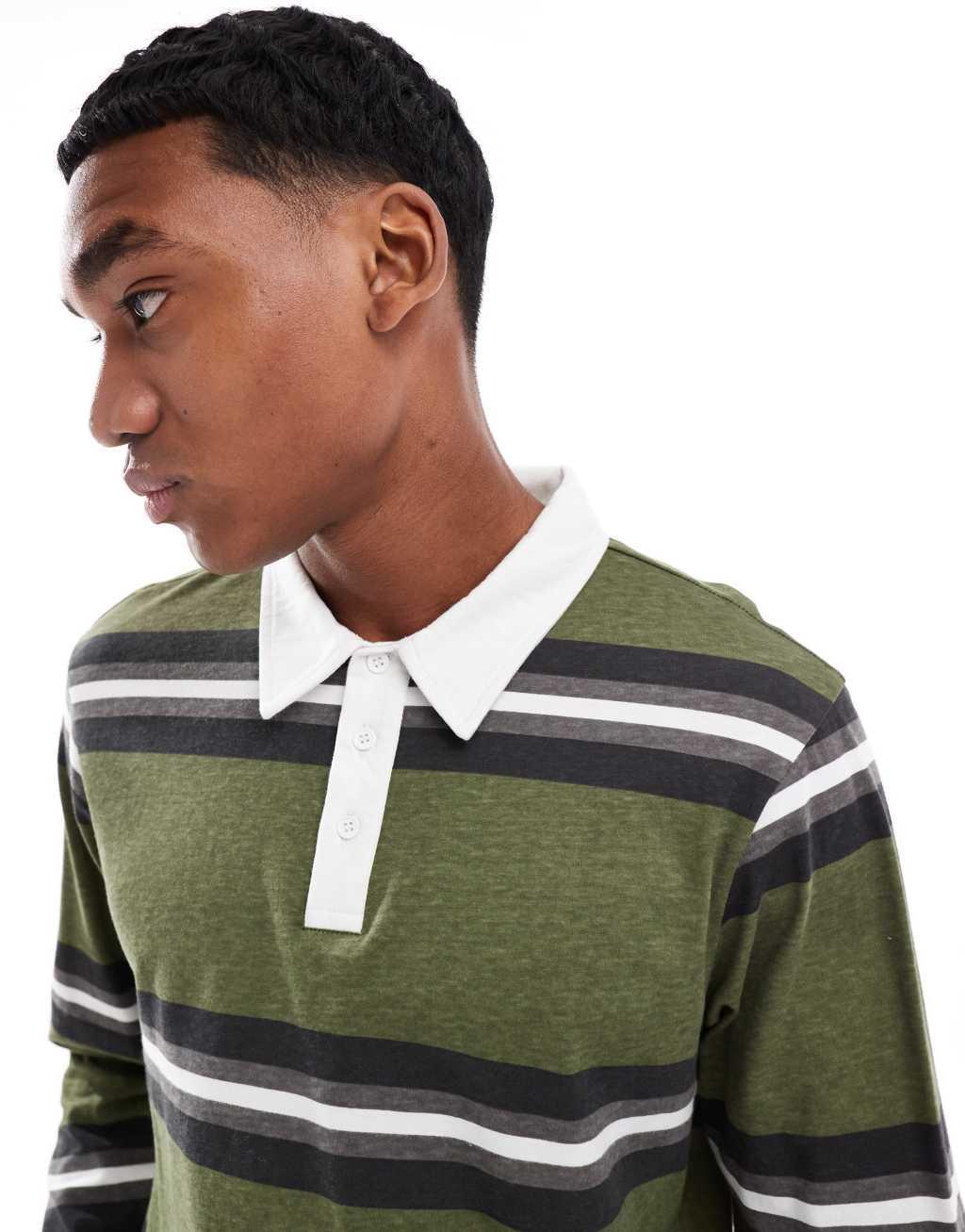 Another Influence striped long sleeve polo shirt in khaki Product Image
