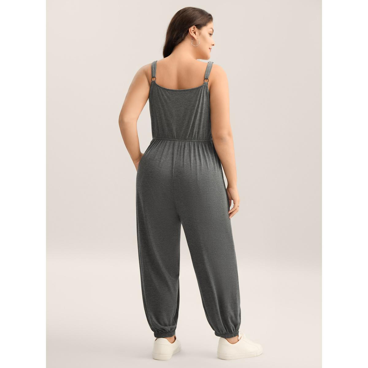 Plus Size DimGray Stretchy Pleated Straps Pockets Jumpsuit Women Sleeveless Non Everyday-Casual Loose Jumpsuits BloomChic 22-24/3X Product Image