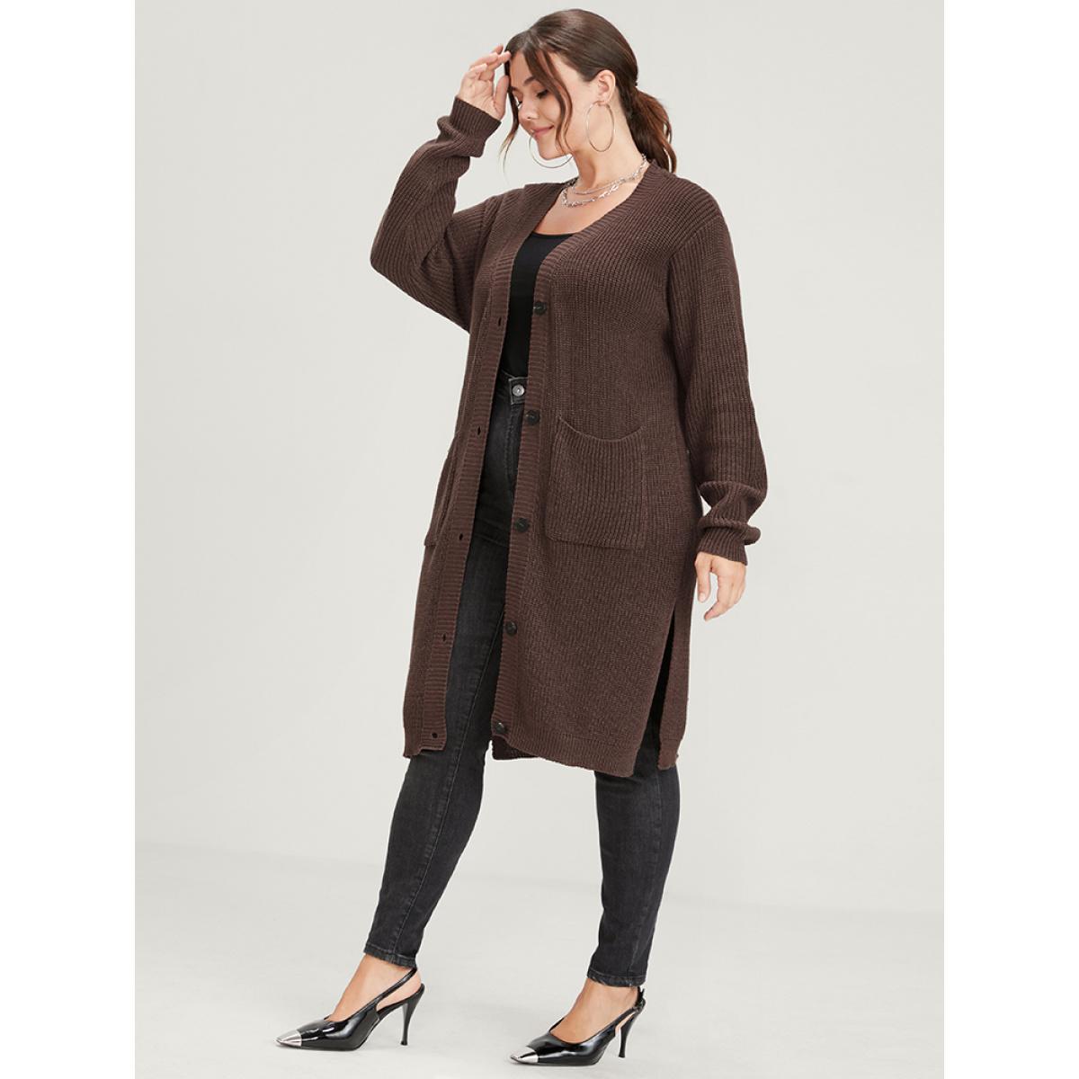Plus Size Plain Pointelle Knit Split Hem Pocket Button Front Long Cardigan DarkBrown Women Casual Loose Long Sleeve Dailywear Cardigans BloomChic 12/L Product Image
