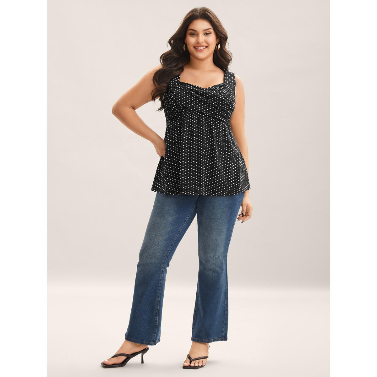Plus Size Stretchy Polka Dots Shirred Tank Top Women Black Overlapping Deep V-neck Everyday-Elegant Tank Tops Camis BloomChic 30/6X Product Image
