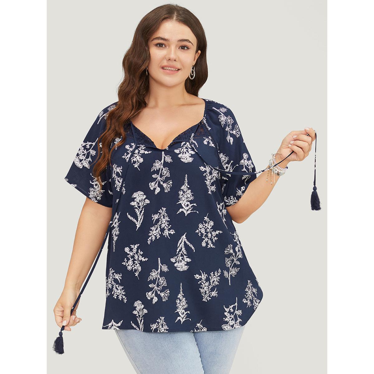 Plus Size Indigo Floral Tassels Tie Neck Contrast Lace Blouse Women Elegant Short sleeve Tie Neck Dailywear Blouses BloomChic 18-20/2X Product Image