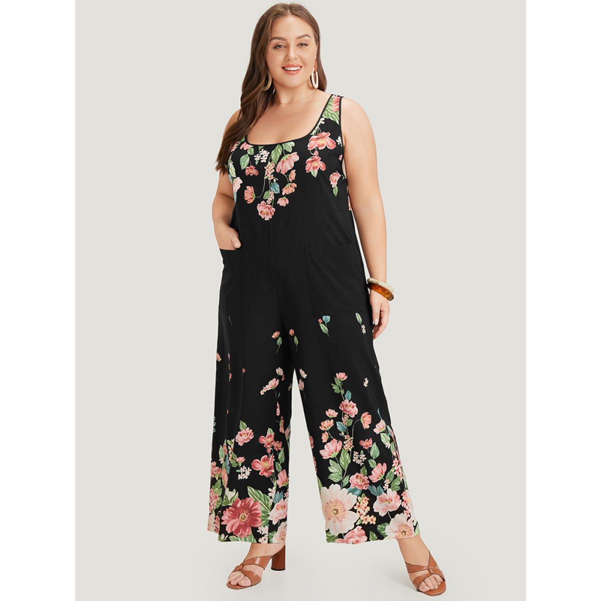 Plus Size Black Floral Square Neck Zip Back Pocket Jumpsuit Women Elegant Sleeveless Square Neck Dailywear Loose Jumpsuits BloomChic 30/6X Product Image
