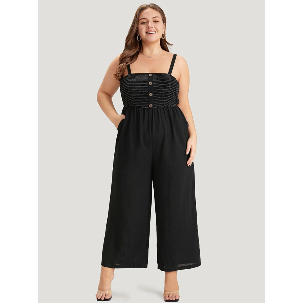 Plus Size Black Striped Patchwork Pocket Button Detail Shirred Cami Jumpsuit Women Casual Sleeveless Spaghetti Strap Dailywear Loose Jumpsuits BloomChic 18-20/2X Product Image